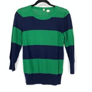 Moth Anthropologie Womens Pullover Sweater M Navy Green Striped Pointelle Knit
